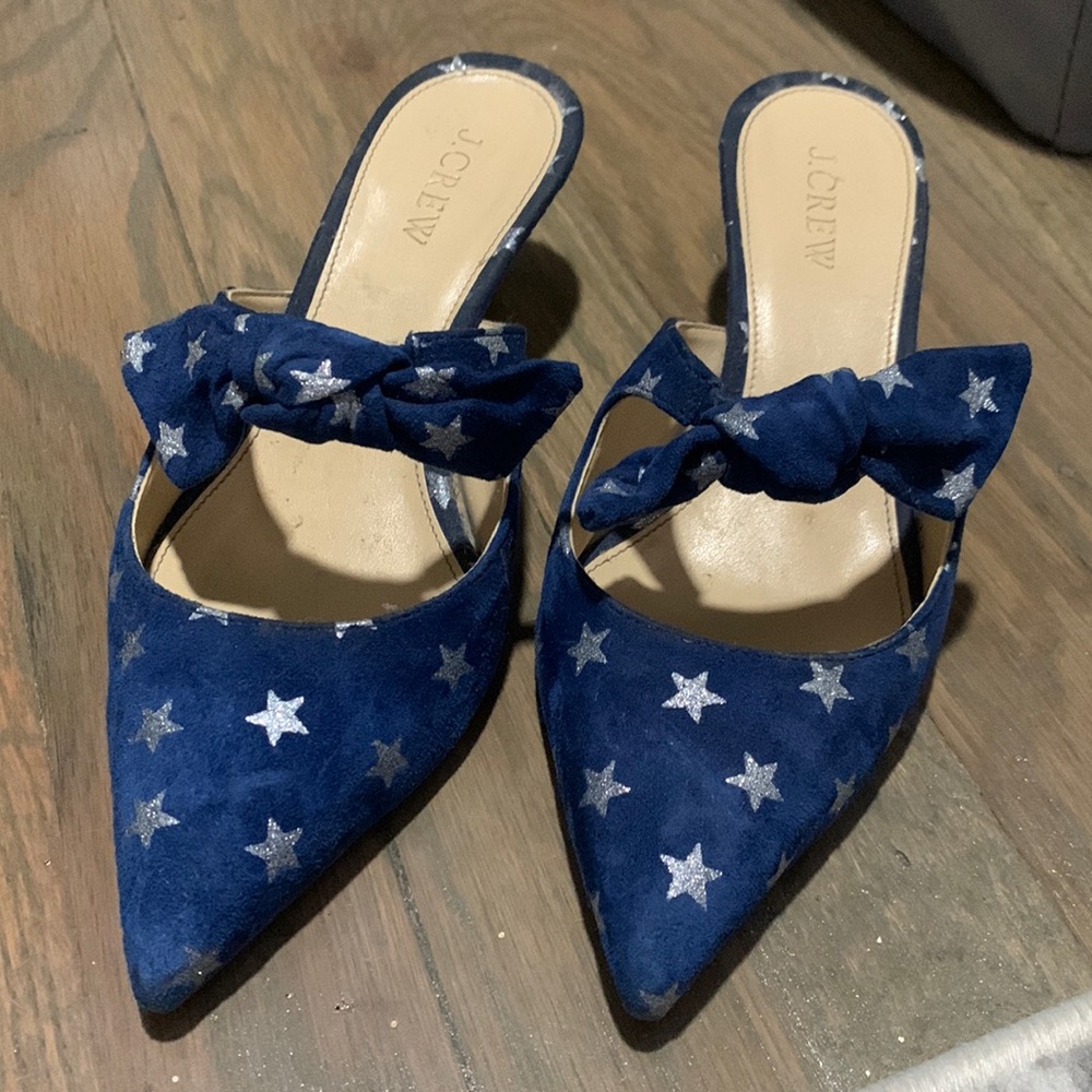 Star print blue suede J Crew kitten heels